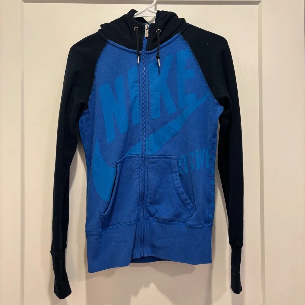 Vintage Nike Sportswear Womens Blue Black Full Zip‎ Hoodie Logo Striped Small